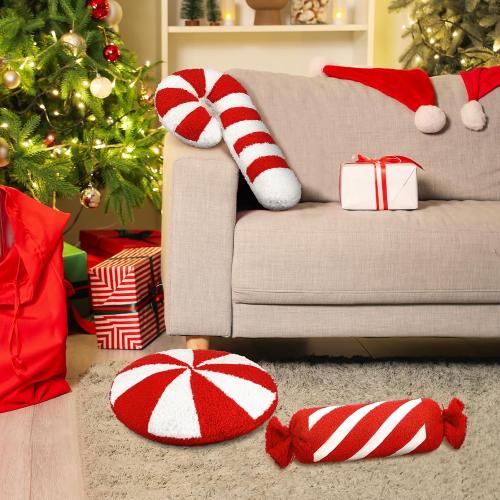 3 Pcs Christmas Pillows Decorative Throw Pillows Candy Merry Christmas Tree Stuffed Wool Soft Xmas Plush Cushion for Sofa Couch Bedroom Living Room(Red)