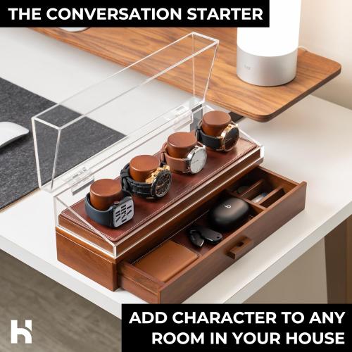 Walnut 4-slot Holme & Hadfield Personalized 4-Slot Wooden Watch Display Case – Handcrafted Men’s Watch Box with Accessory Drawer, Hinged Cover, Leather Lining – Birthday Gift for Collectors – Luxury Built to Last