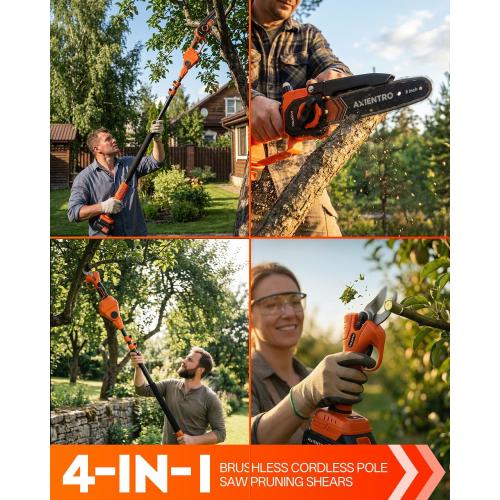 4-in-1 Pole Saw & Pruning Shears, 8-in Brushless Motor Pole Saw for Tree Trimming, Electric Pruners with Extendsion Pole, 2x4000mAh Li Batteries & Charger, 16FT Max Reach