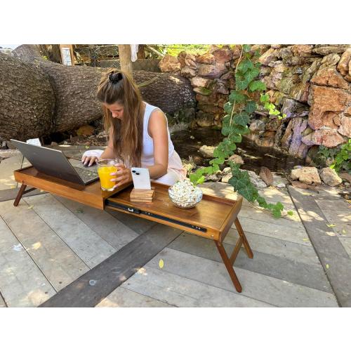Breakfast Bed Table Tray for Two - One Piece, Dual Use Couple Bed Tray with Cup recesses - Food Trays for Eating on Couch, Space Saving Breakfast Table - Gift Ready - Acacia Wood