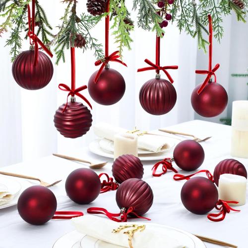 12 Set Burgundy Ball Ornaments for Christmas Tree Velvet Bows Xmas Tree Ball Neutral Hanging Decoration for Festival Holiday Party Wreath Home(3.15 Inch)