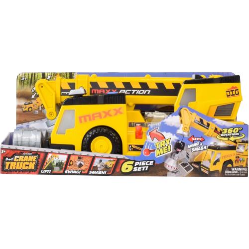 Sunny Days Entertainment, LLC. Maxx Action 27'' 3-N-1 Crane Truck - Large Construction Vehicle with Lights, Sounds and Motorized Drive | Realistic Crane with Joystick Controllers
