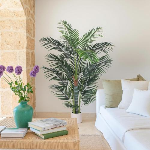 Artificial Palm Tree 6ft, Fake Tree with White Planter, Faux Tropical Areca Palm Silk Floor Plant with 18 Realistic Leaves for Home Office Indoor Outdoor Decor.