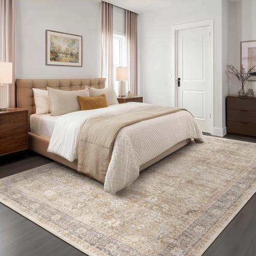 Vintage Beige 8x10 Area Rugs for Living Room, Retro Neutral Earth Tone Carpet Rug for Bedroom Dining Room, Low Pile Thin Washable Non Slip Room Rug for Home Office Playroom Family Room