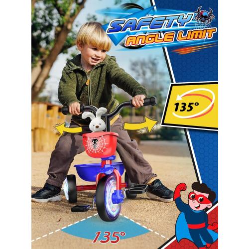 Tricycle for Toddlers 1-3 3-5 Year Olds, Spider Toddler Bike Baby Balance Bike with Colorful Lighting Wheels & Large Basket, Birthday Gift and Toy for 1 2 3 4 5 Year Olds Boys and Girls
