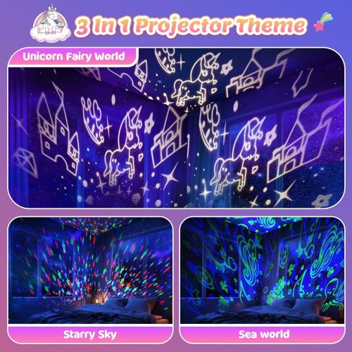 DEVRNEZ Unicorn Night Light Kids Toys 3 in 1 Unicorns & Starry Sky & Sea World Nights Lights Projector for 3 4 5 6 7 8 9 10 11 12 Year Old Girls, Birthday Gifts for Kids 3-12 Night Lamp for Bedroom