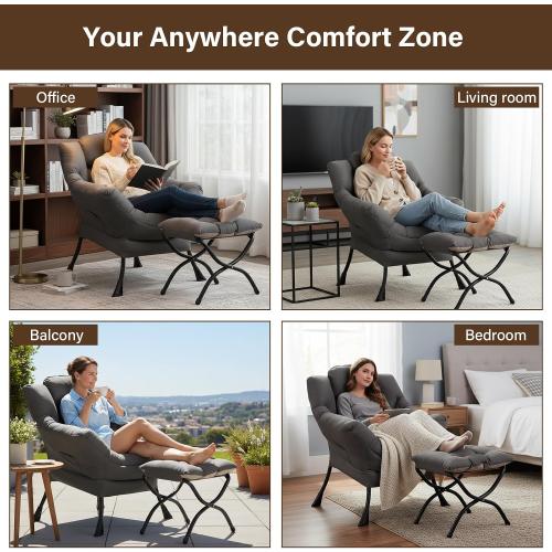 Welnow Lazy Chair with Ottoman, Reading Chair with Footrest,Dark Grey | A Side Pocket,Armrests,Foldable Footrest,Thick Cushioned Seat & Backrest, Lounge Chair for Bedroom,Living Room & Small Space