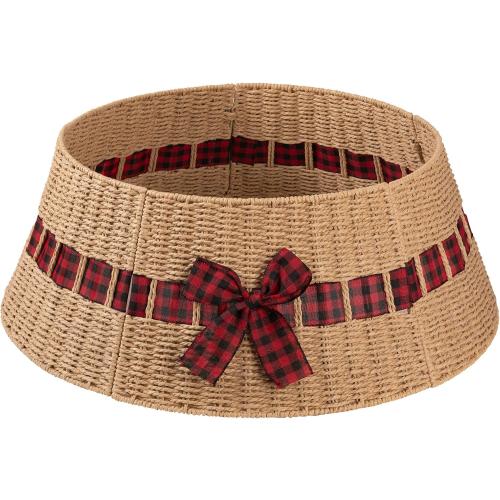 OIAHOMY Christmas Tree Collar, Wicker Holiday Tree Skirt & Stand Base Cover,Paper Rope Christmas Decor with a Bow Tie, Natural-27 inch