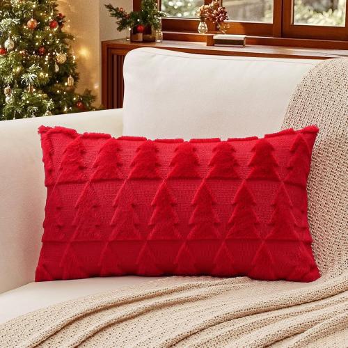 OTOSTAR Set of 1 Xmas Soft Plush Short Wool Velvet Decorative Throw Pillow Covers Rectangular Luxury Style Cushion Case Pillow Shell for Sofa Bedroom Christmas Tree Red, 12x20 Inch
