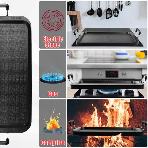 Vayepro Stove Top Flat Griddle, 17 Inch 2 Burner Griddle Pan for Stove Top Grill, Aluminum Pancake Griddle, Non-Stick Top Griddle for Gas Grill, Charcoal Grill Griddle For Outdoor/Camping