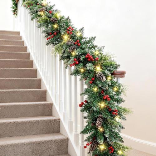 9ft Prelit Christmas Garland with Lights, Battery Operated Lighted Garland Pine Cones & Red Berries, Christmas Decoration for Mantle, Fireplace Indoor & Outdoor （Pine）
