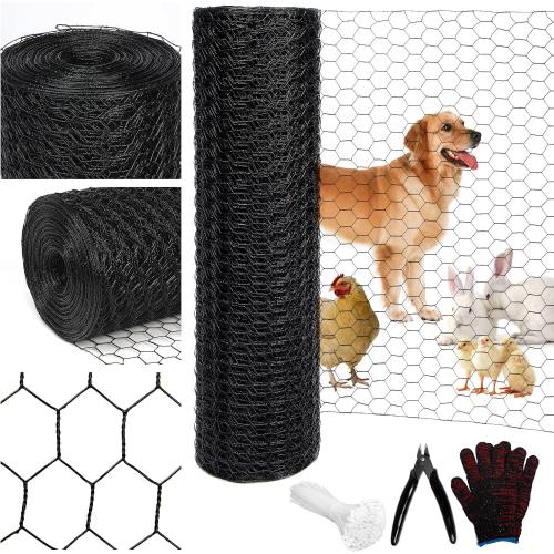 Black 19GA Chicken Wire 24inx150ft, Chicken Wire Fencing, Garden Fence, Metal Poultry Wire Netting, Galvanized PVC Coated Mesh for Animal/Rabbit/Floral/Chicken Coop/DIY Projects.