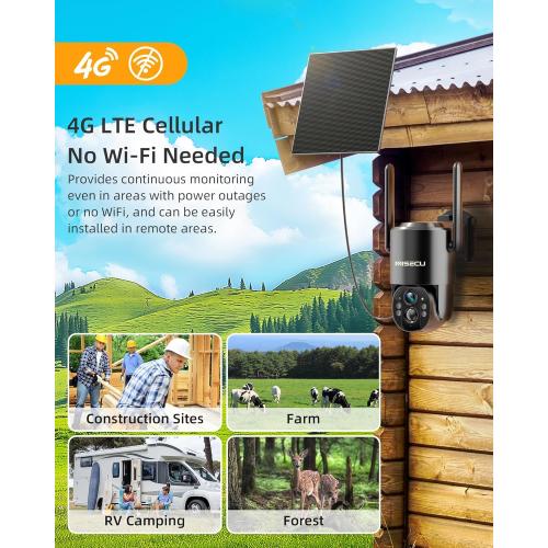 4G LTE Cellular Security Camera, 2.5K Solar Outdoor Cam Wireless Without WiFi Needed, 360° PTZ Live View Off Grid Camera, AI Motion Detection, Color Night Vision, Local/Cloud Storage