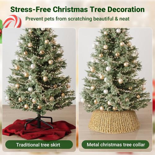 ELYKEN 28 Inch Christmas Tree Collar, Gold Woven Xmas Tree Skirt for 7.5 ft Trees, Stylish Tree Base Cover with Cord Cut-Out, Round Tree Ring for for Pencil Trees, Easy Assembly