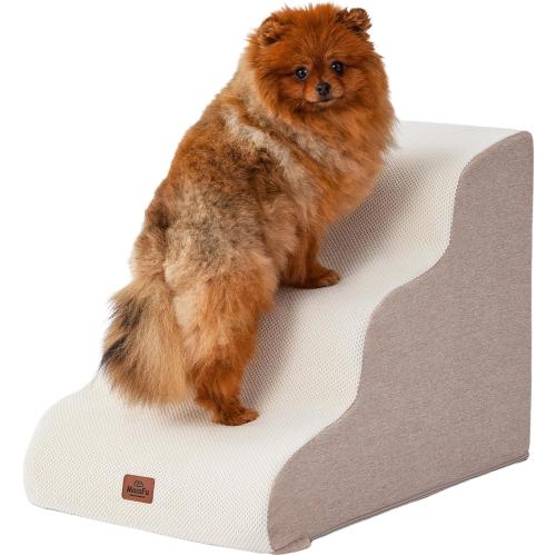Beige Curved Dog Stairs Ramp for Small Dogs & Cats 17 H, 3-Step Dog Steps for Couch Sofa and Chair, Pet Stairs for Cats, Non-Slip Balanced Pet Steps
