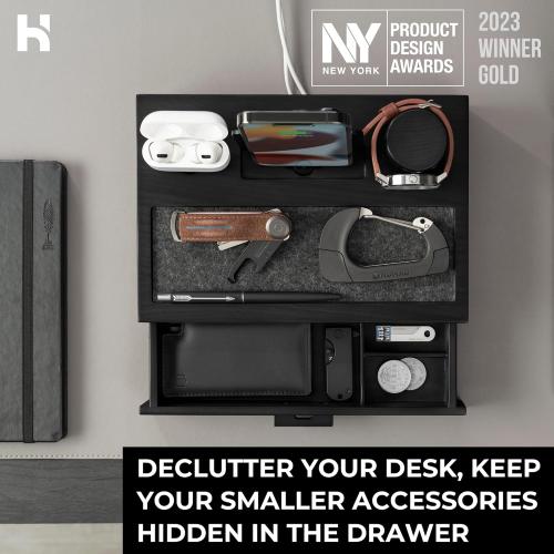 Holme & Hadfield Premium Wooden Phone Docking Station with Drawer – Nightstand Organizer for Charging Phone & Earbuds – Declutter Your Space with Felt-Lined Protection & Watch Pillar – Gift For Men