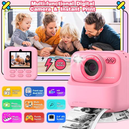 masterbee Kid Camera Instant Print Photo, Birthday Gifts for Girls and Boys, Kids Digital Camera Toys, 1080P HD Video, 3 4 5 6 7 8 9 10 11 12 Year Old Boy Gifts/Girl Gifts