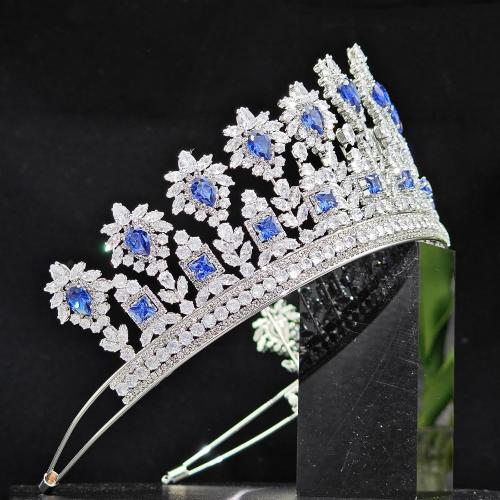 Luxury CZ Royal Blue Crowns and Tiaras for Bride Handmade Cubic Zirconia Large Bridal Headpiece Princess Prom Queen Crown Wedding Hair Accessories Zircon Crystal Tiara Headband