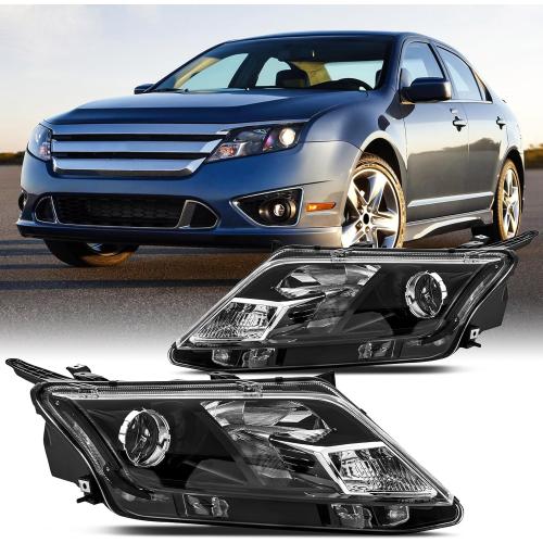 Pair Headlight Assembly Set For 2010 2011 2012 Ford Fusion S SE SEL Hybrid Sport Sedan Replacement Halogen Headlamps Matte Black Housing Clear Lens Passenger and Driver Side Front Bumper Lights(LH&RH)