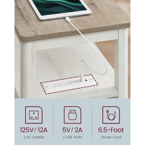 VASAGLE Side Table with Charging Station, Narrow Nightstand with 2 Drawers, Living Room End Table with Storage, for Small Spaces, Coastal Style, Vintage White and Heather Greige ULET322W73