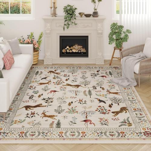 Living Room Rug 5x7 Rug Machine Washable Boho Area Rug Non Slip Floral Animal Vintage Low Pile Large Rugs for Living Room, Bedroom, Farmhouse, Dining Room, Kids Playroom (Beige)