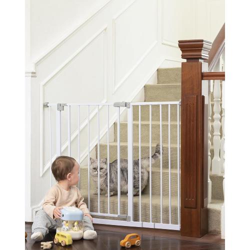 InnoTruth 28.9-42.1 Wide Baby Gate for Stairs & Doorways, 30 Tall Pressure Mounted Dog Gates for Stairs Expandable One-Hand Open, Easy Step Walk Through Dual Lock Metal Pet Gates for Dogs, White