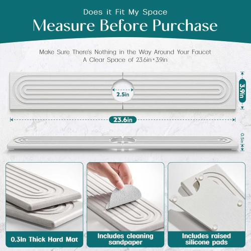 Faucet Mat for Kitchen Sink – Diatomite Stone Drying Mat & Sink Protector, Prevent Moisture – Sink Splash Guard Water-Absorbing Stone Tray for Bathroom Counter (Light Grey,23.6 x 3.9)