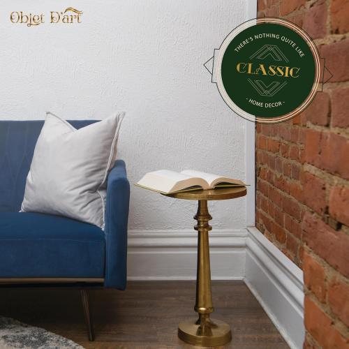 Small Round Gold Side Table by Objet D’Art, Accent, End, Pedestal, Martini, Cocktail and Drink Table for Living Room and Small Spaces, Petra Vintage Metal Brass Style Decor, 21” Height