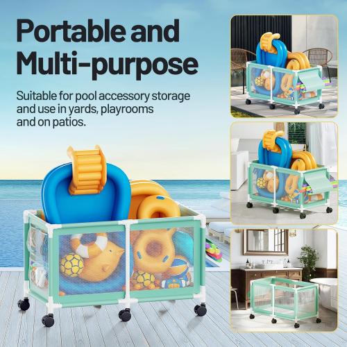 280 Gallon 69 Pool Storage Bin XXL Extra Large Swimming Pool Float Storage Bin, Pool Noodles Holder, Toys, Floats, Balls and Floats Equipment Mesh Rolling Bin for Garden Lawn, 69 Lx32 Wx35 H