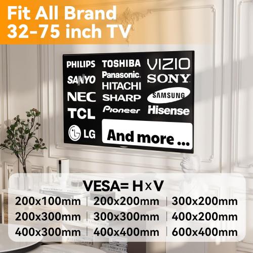 Studless TV Wall Mount for 32-75 inch TVs, No Stud Drywall TV Mount Holds up to 150 lbs, Low Profile, No Drill, Easy to Install for Bedroom Living Room, Bubble Level Included