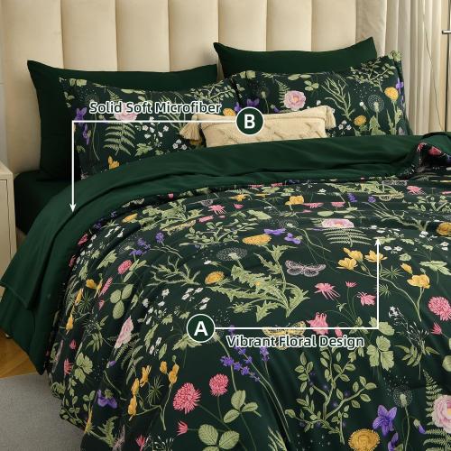 Yiran Queen Comforter Set 7 Piece, Dark Green Floral Bedding Set, Bed in a Bag Queen with Botanical Flowers Patterns, Soft Microfiber Complete Bedding Set with Sheets for All Season