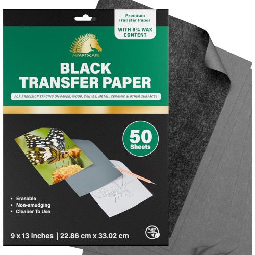 MyArtscape Graphite Transfer Paper 9 x 13 50 Black Waxed Sheets | Waxed Carbon Paper Graphite Paper with 50 reusable sheets for tracing on canvas, wood, paper, metal and ceramic