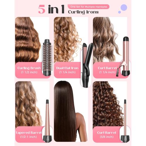 5 in 1 Curling Iron with Thermal Brush and 4 Interchangeable Ceramic Barrels(1/2 to 1 1/2 inch), Curling Wand Set with Flat Iron, Fast Heating, Dual Voltage Hair Curler, Gifts for Women