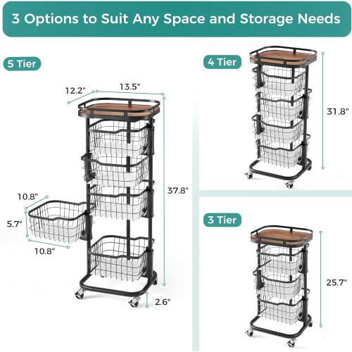 5 Tier Kitchen Vegetable Storage Cart Fruit Basket with One-Piece Rotating Bowls, Rolling Cart on Wheels with Wire Mesh Basket, Large Metal Pantry Organizer Stand Holder for Onion Potato, Black