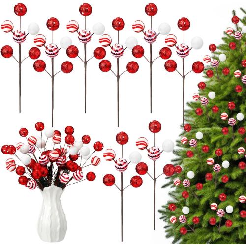 8 Pcs Red and White Christmas Tree Picks 14'' Candy Cane Tree Picks Ornaments Peppermint Christmas Decoration Glitter Berry Stems with Balls for Xmas Wreath Crafts Holiday Vase Fillers Decor