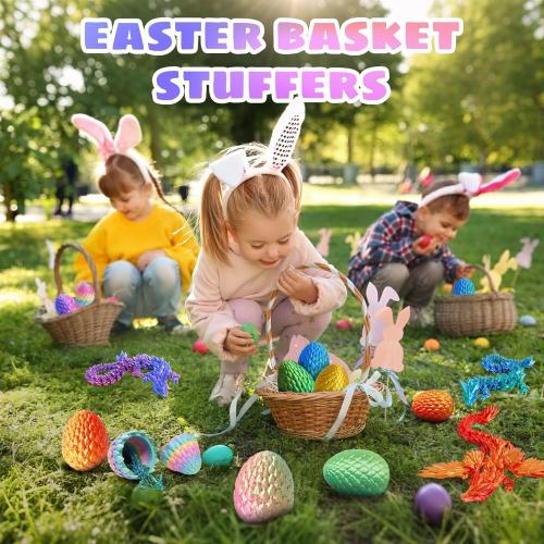 3D Printed Dragon Easter Basket Stuffers - Red Blue - 12 Flexible Crystal Dragon with Egg, Unique Easter Toy Gift for Kids&Adults, Fidgets, Desk Pet Figure