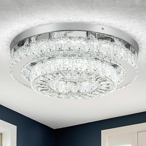 HOPGGIE 18“ Crystal Chandelier 2-Layer Ceiling Light Fixture Flush Mount LED Large Chandelier Light for Living Room Dining Room Bedroom (Cool White)