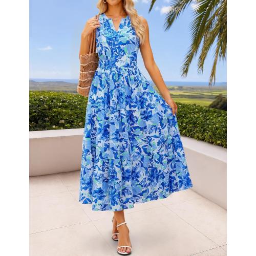 Size L...ZESICA Women's Summer Boho Floral Sleeveless Midi Dress 2026 V Neck Elastic High Waist Flowy Casual Beach Long Dresses
