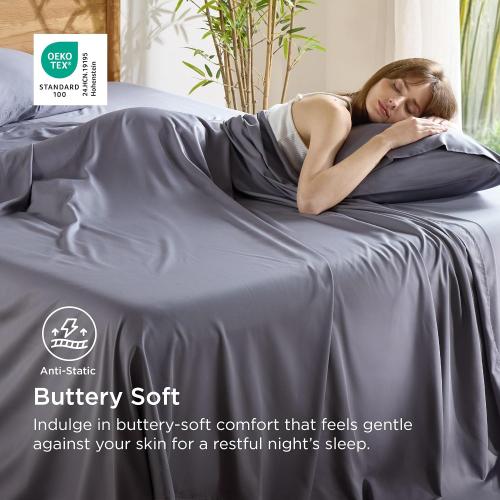 Bedsure Queen Sheet Set, Cooling Sheets for Queen Size Bed Set, Rayon Derived from Bamboo, Breathable & Soft, Deep Pocket Up to 16, Hotel Luxury Silky Bedding for Hot Sleepers, Dark Grey