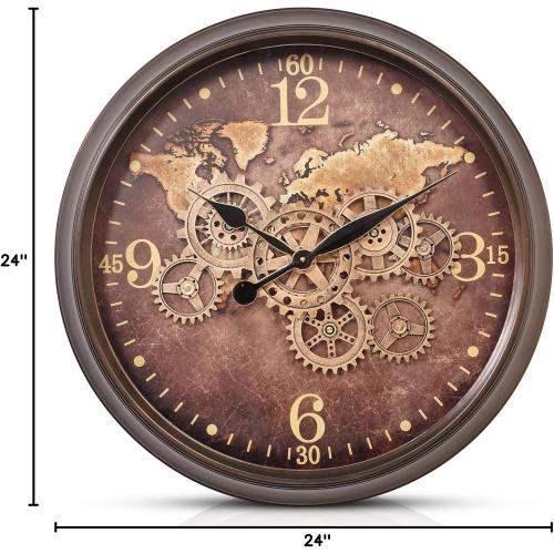 CLXEAST 24 Inch Large Wall Clock with Moving Gears, Industrial Clocks with World Map Dial, Oversized Cool Wall Clock for Living Room Decor,Oil Rubbed Bronze Brown