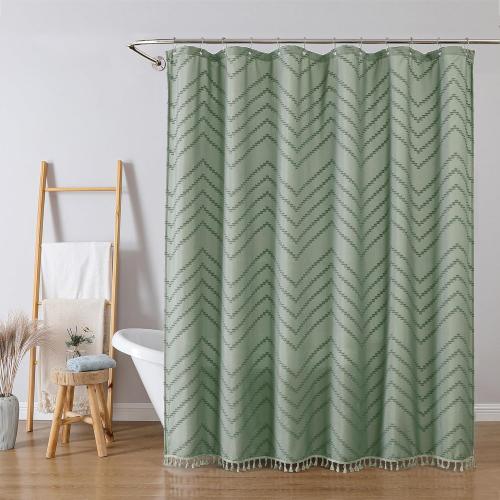 OWENIE Sage Green Fabric Shower Curtain, Boho Shower Curtains for Bathroom Chic Tufted Chevron Striped Textured with Tassel, Soft Hotel Style Farmhouse, Machine Washable, 72x78, Sage Green