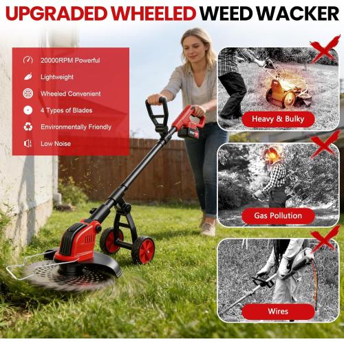 12-Inch Cordless Electric Weed Wacker, 2x3.0Ah 21V Battery Powered Weed Eater with Wheels, 800W Brushless Motor, Lawn Mower with 4 Types Blades, 20000RPM Brush Cutter Grass Trimmer for Garden Yard