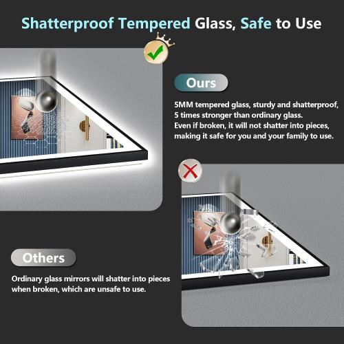 55x40 Black LED Bathroom Mirror, Backlit & Front Lit Lighted Mirror | Metal Framed Anti-Fog Vanity Mirror with Lights, 3 Color Dimmable, Memory, HD Tempered Glass, CRI95, UL Listed, Wall Mounted