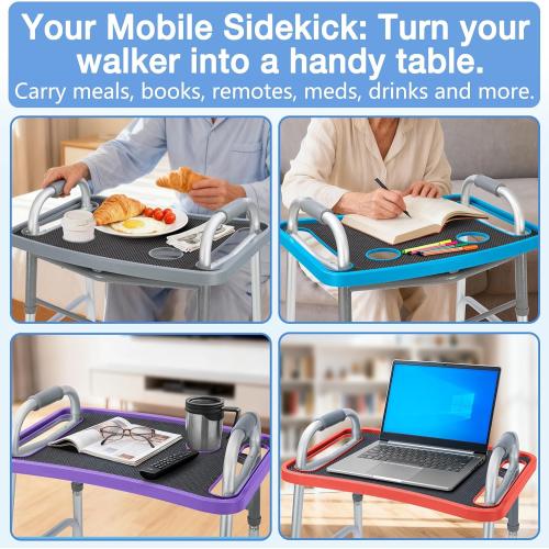 Walker Tray for Seniors with Dual Cup Holders, Side Pouch and Non-Slip Pad, Lightweight Durable Food & Drink Table, Compatible with Walker of 10210-1 Model (Gray)