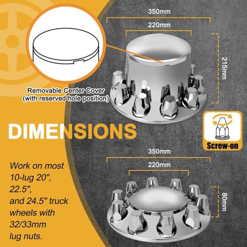 33mm Axle Cover Chrome Dome Combo Kit Thread-On Lug Nut Covers with 2 Front and 4 Rear Axle Wheel Covers Removable Hub Caps for Semi Truck (Installation Tool Included)