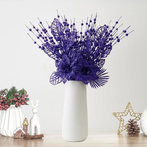 24 Pack Christmas Tree Ornaments - Artificial Flowers Glitter Berry Stems Christmas Floral Picks Branches for Xmas Tree Decorations Vase Filler Holiday Wedding Party Home Decor (Purple)