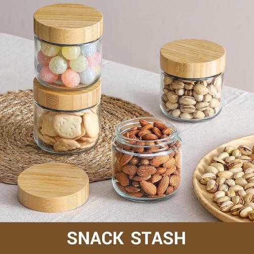 Set of 4 NETANY 4-pack 10oz Glass jars with Airtight Lids, Overnight Oats Containers with Bamboo Lids, Wide mouth Mason Salad jars, Glass Food Storage Containers for Snacks Yogurt Spice Sugar