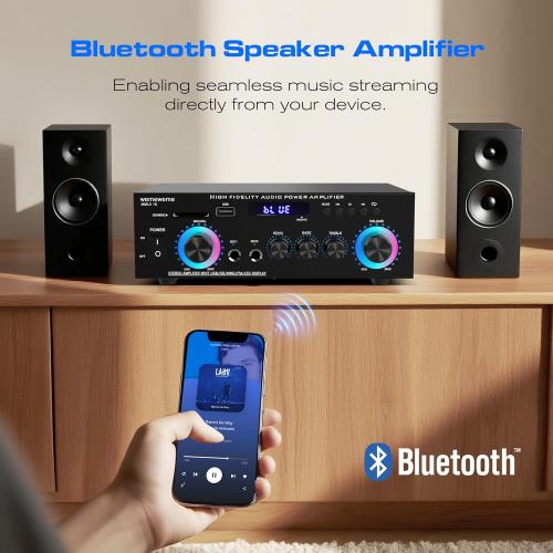 400W Home Audio Amplifier with Bluetooth 5.0, 2 Channel Stereo Receiver, Dual Karaoke Mics, FM Radio, USB/SD Playback for Home Theater, Garage, Party