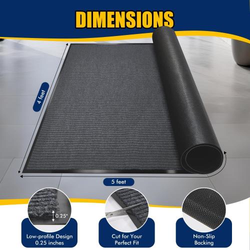Extra Large Indoor/Outdoor Entrance Mat - 4 x 5 Feet, Rubber Border Door Mat Heavy Duty, Waterproof, Low-Profile, Easy to Clean, Rubber Entry Mat, Commercial Floor Mat, Charcoal Grey