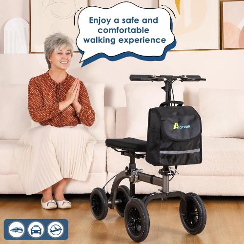 Collapsible All Terrain Knee Scooter for Adults for Foot Surgery, Adjustable Knee Walker Cart Scooters with Basket, Clearance Knee Crutchs Alternative for Broken Leg Ankle Injuries, Dual Brakes, Grey